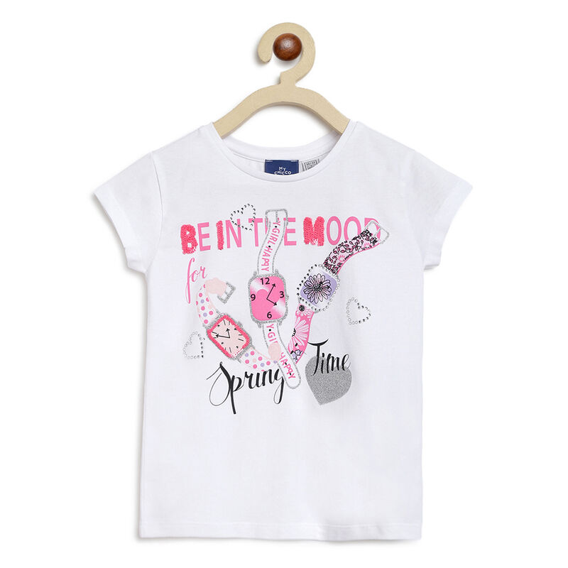 Girls White Printed Short Sleeve T-shirt image number null
